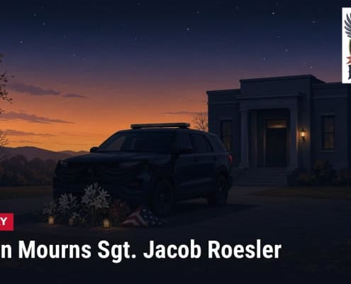 Fostoria News Memorial scene with police vehicle and flowers at dusk for Sgt. Jacob Roesler.